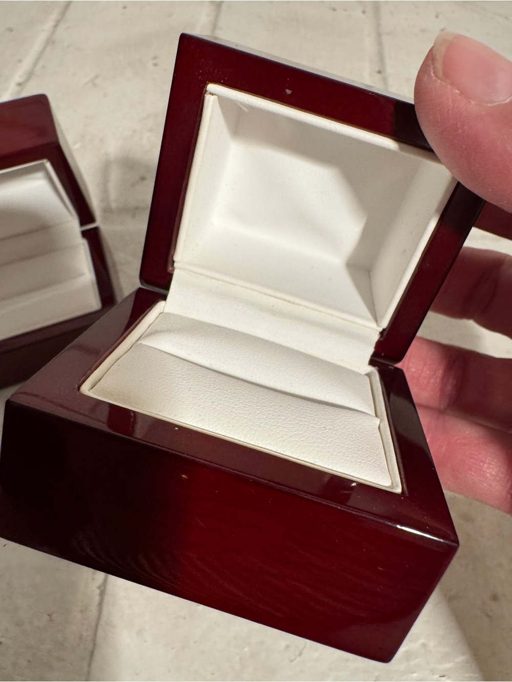 Set of 2 Sturdy Glossy Mahogany-like finish Ring Presentation Boxes 2.5" x 2.25" - Picture 4 of 10
